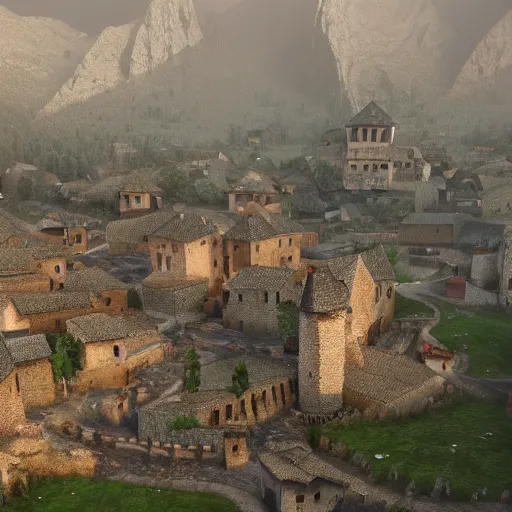 Image similar to the center of a poor medieval town under heavy rain at late dawn, in a valley, surrounded by mountains, highly detailed, octane render, ultra detailed cinematic, 8 k, widescreen, 1 6 : 9, hd