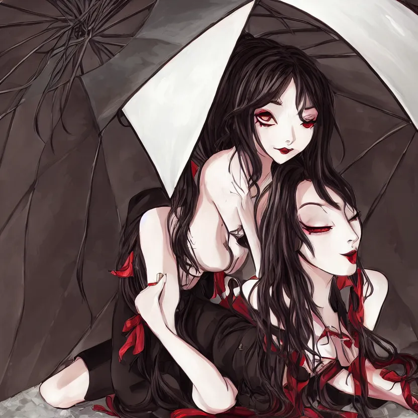 Image similar to portrait of a beautiful and grim vampire queen in the shade underneath a large beach umbrella, trending on pixiv