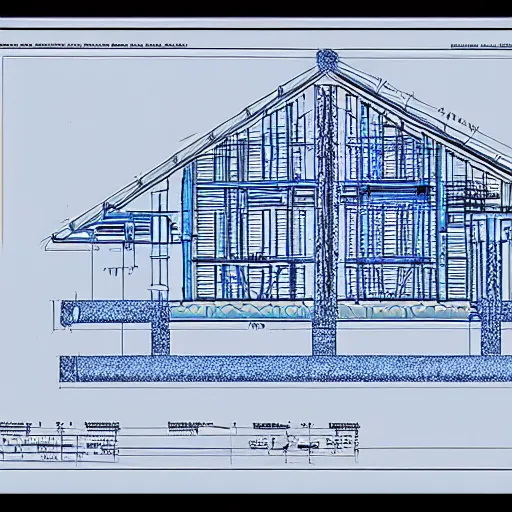 Image similar to noah's ark blueprints, white on blue, line drawing, 4 view, plant elevation profile, hyper detailed, construction plans