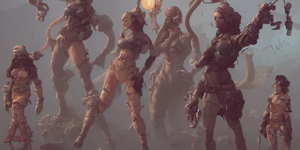 Image similar to female pixel characters, Moebius, kim jung gi, Greg Rutkowski, Zabrocki, Karlkka, Jayison Devadas, Phuoc Quan, trending on Artstation, 8K, ultra wide angle, pincushion lens effect