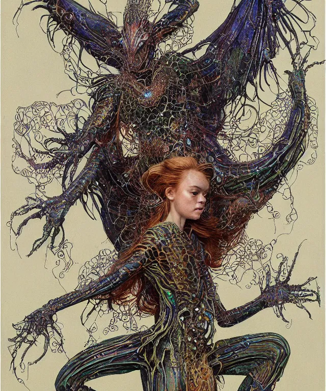 Prompt: a portrait photograph of a fierce sadie sink as a strong alien harpy queen with amphibian skin. she trying on a glowing and fiery lace shiny metal slimy organic membrane parasite cape and transforming into an evil insectoid snake bird. by donato giancola, walton ford, ernst haeckel, peter mohrbacher, hr giger. 8 k, cgsociety