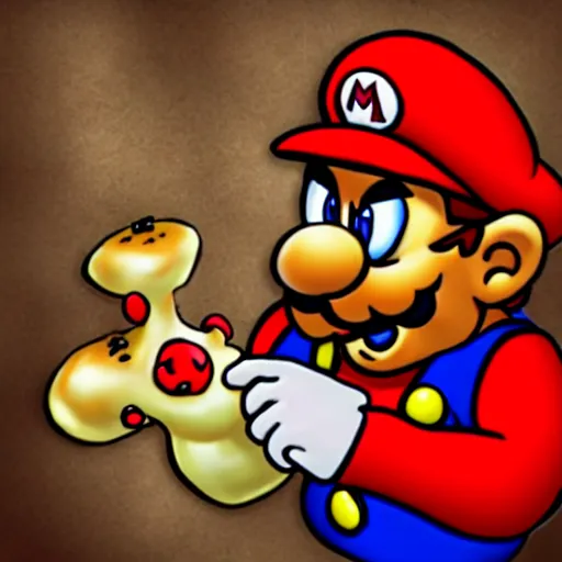Prompt: scared duke nukem eating a Mario mushroom, small in room