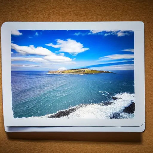 Prompt: deep blue, blue hour, early night, deep blue atmosphere, overcast, low light, black and blue sky, sundown, scattered islands, sea, ocean, low pressure system, cloud with eye, very windy, late evening, distant hotel retreat on cliffside, shining lights on cliff side, polaroid photograph