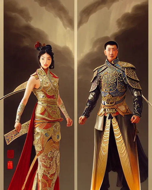 Prompt: suit up man and chinese ancient warrior back to back, decorated with opera motifs, intricate, elegant, highly detailed, smooth, sharp focus, illustration, art by artgerm and greg rutkowski and alphonse mucha, 8 k