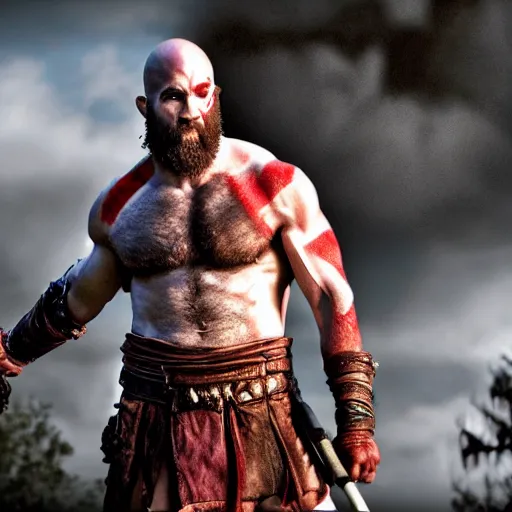 Image similar to ryan reynolds as kratos from god of war, holding a javelin, aggressive face, epic, cinematic shot, ultra realstic, 8 k