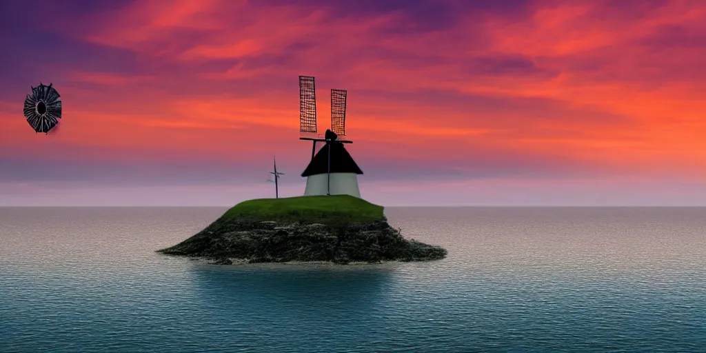 Image similar to Beautiful award winning photograph of a pretty sunset with an island floating in the sky, with a windmill on top, 4k