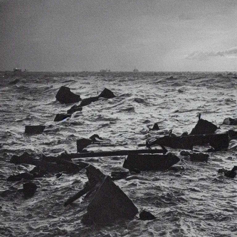 Image similar to the ship of theseus wrecked upon the night's plutonian shore, 35mm photography by Edgar Allan Poe