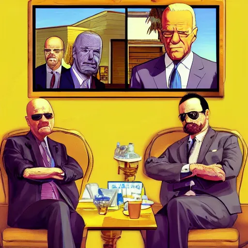 Image similar to Joe biden and Walter White in Los Pollos Hermanos in GTA V, cover by Bob ross, artstation, no text