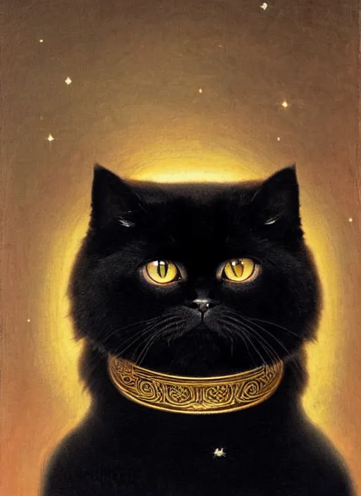 Image similar to symmetrical portrait of black persian cat staring contemptuously at people, wearing a chinese dragon spacesuit armor and helmet, in majestic, solemn, in space, hyper realistic, by bouguereau