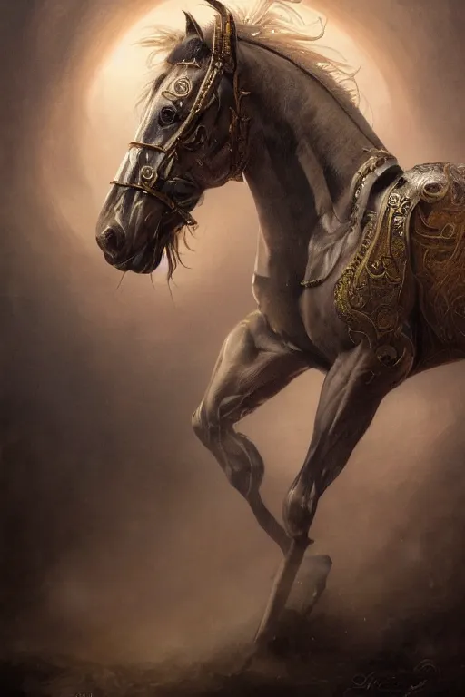 Image similar to 3 quarter view photography portrait of a prince stalion horse , organed, tatooed, intricate details, muscles, elegant, divine, illustrated by greg rutkowski and Akira Saito and Peter mohrbacher, 4k,