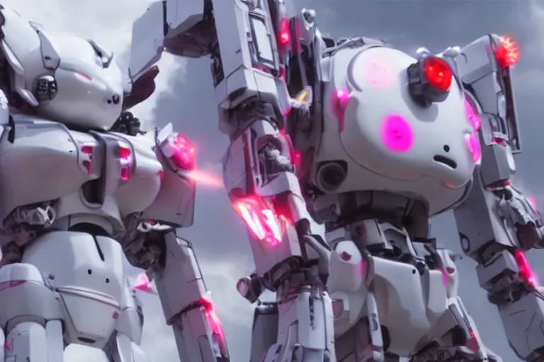 Image similar to 4 k footage from live action sci - fi film about mecha hello kitty, action shot, giant robot hello kitty