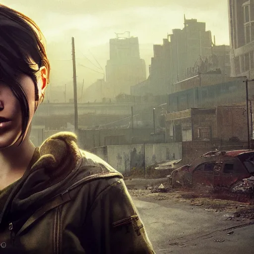 Image similar to fallout 5, charismatic beautiful rugged brunette female protagonist, portrait, outdoors ruined cityscape, atmospheric lighting, painted, intricate, volumetric lighting, beautiful, daytime, sunny weather, slight overcast, sharp focus, deep colours, ultra detailed, by leesha hannigan, ross tran, thierry doizon, kai carpenter, ignacio fernandez rios