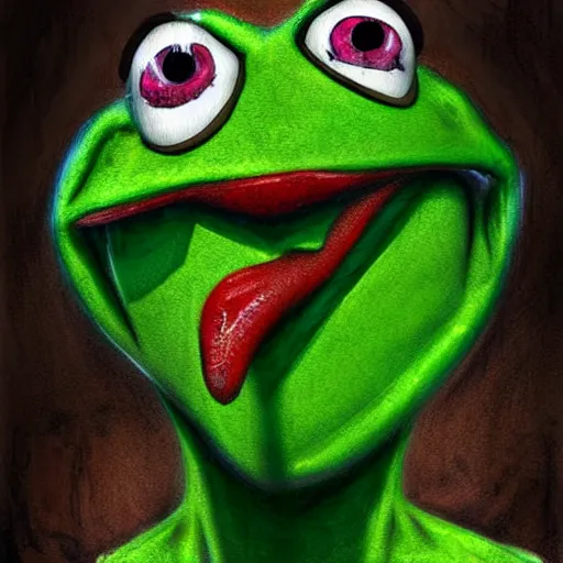 Prompt: surrealism grunge cartoon portrait sketch of Kermit The Frog, by michael karcz, loony toons style, freddy krueger style, horror theme, detailed, elegant, intricate