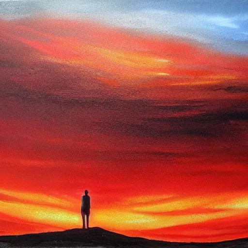 Image similar to red sky, a person watching the end of the world, dystopian city, wasteland, oil painting