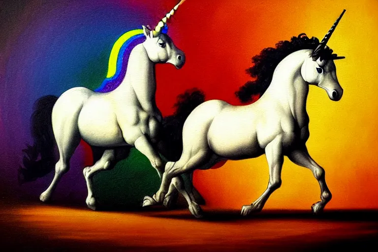 Image similar to detailed traditional painting of a unicorn walking on a rainbow, ((rainbow)) by Caravaggio, authentic, masterpiece, brush strokes, trending on artstation