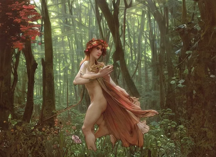 Image similar to will - o'- wisp forest, lush trees, a group of fairies dancing around a demon, magical, vivid colors, rule of thirds, a fantasy digital painting by alphonse mucha, by greg rutkowski, by john william waterhouse, by james gurney, trending on artstation, highly detailed, sharp lines