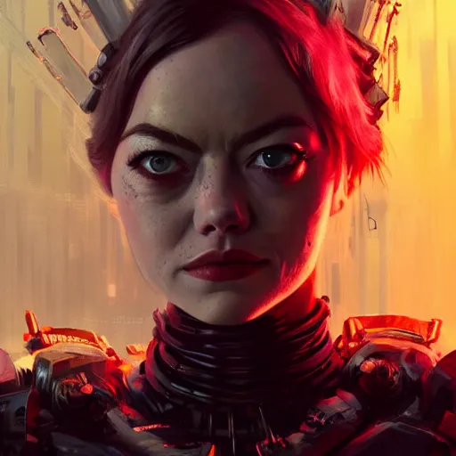 Image similar to emma stone portrait, dystopia core, apocalyptic, armor, warrior, dramatic, sharp focus, fiction, neon, fantasy, hyper detailed, digital art, trending in artstation, cinematic lighting, studio quality, smooth render, unreal engine 5 rendered, octane rendered, art style and nixeu and wlop and krenz cushart