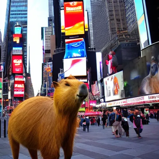 Prompt: a giant capybara standing in Times Square