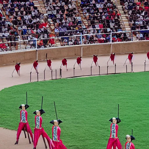 Image similar to evocative by stephanie rew. a installation art of a bullfight in spain. the installation art is set in an arena with spectators in the stands. several figures in the installation art, including a matador & a bull.