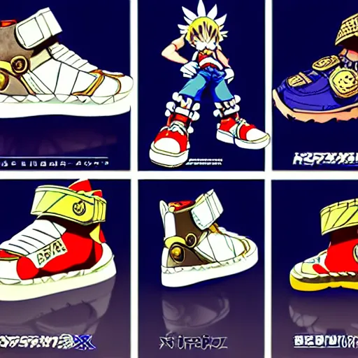 Image similar to fantasy jrpg sneaker design designed by capcom megaman, chrono trigger guilty gear sneaker styles, aztec mayan street fashion native punk sneaker design, focus on megaman hip hop sneaker design with subtle mayan patterns, trending on pixiv fanbox, painted by akira toriyama and studio ghibli princess mononoke megaman capcom