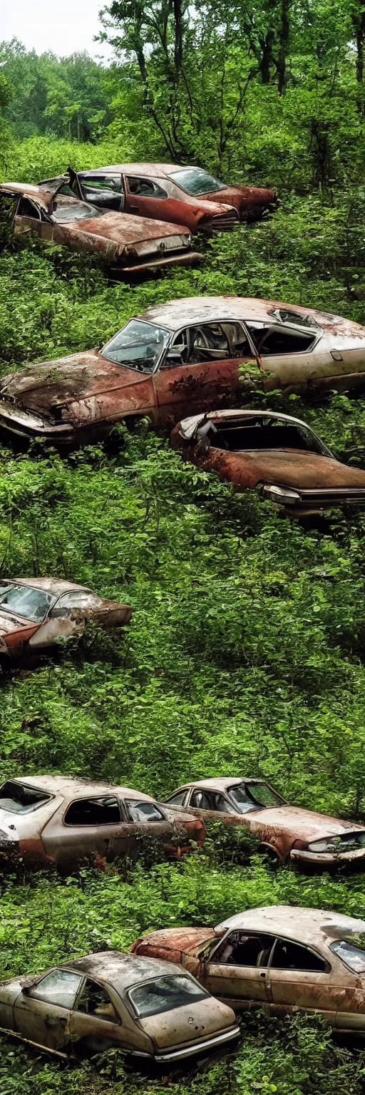 Prompt: a hi 8 footage still of a forest full of abandoned european sedans, coupes and vans with rust damage, broken parts and vegetation.