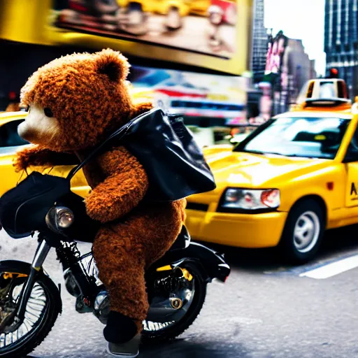 Image similar to A teddy bear wearing a motorcycle helmet and cape car surfing on a taxi cab in New York City. dslr photo.