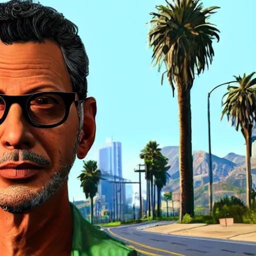 Image similar to Jeff Goldblum in GTA v. Los Santos in the background, palm trees. In the art style of Stephen Bliss.