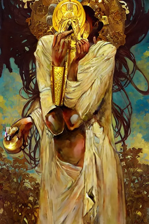 Prompt: A god wearing golden clothes, eating ice cream, fantasy, painting by greg rutkowski and alphonse mucha