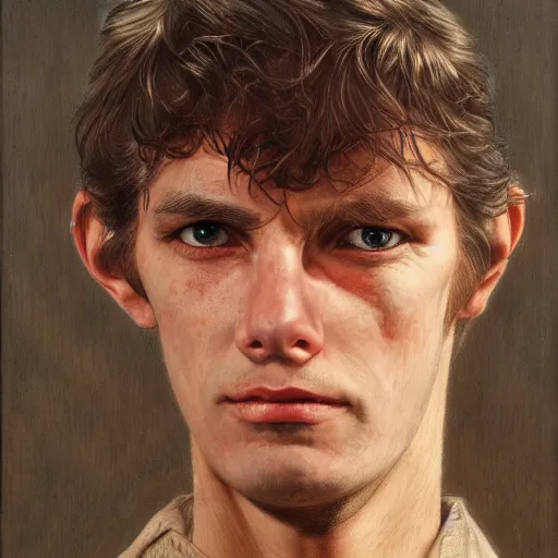 Image similar to a head - on portrait of a 2 0 - something engineering student, brown messy hair, by wayne barlowe