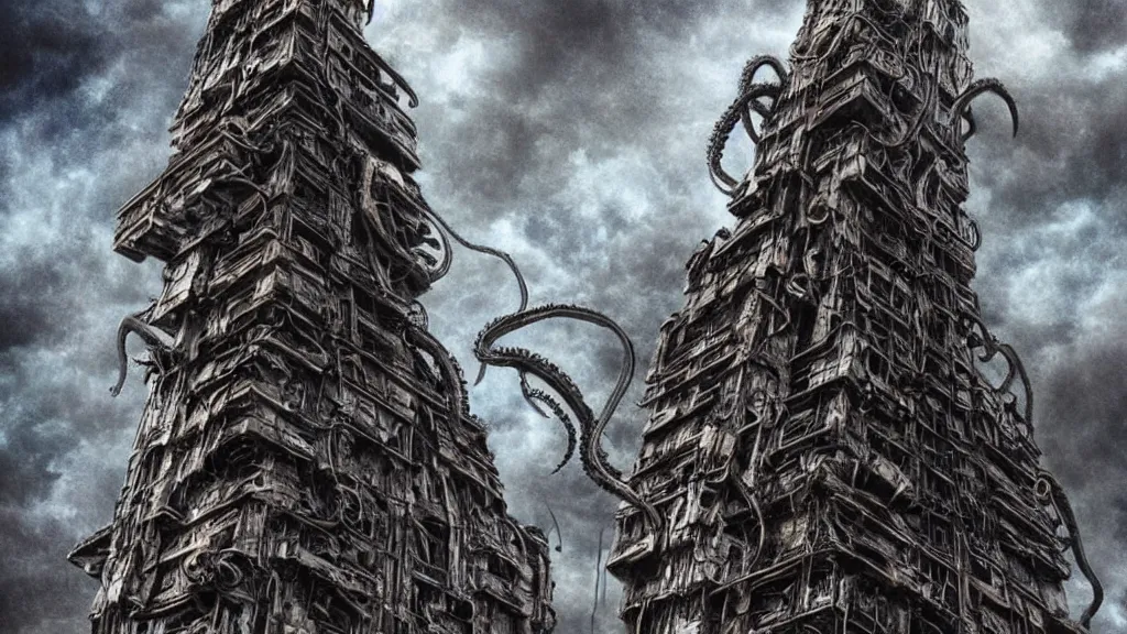 Image similar to A tower with an Eyeball at the top!!!, BioMechanical like Giger, with tentacles coming out, looking over a stormy post-apocalyptic wasteland, dystopian art, wide lens