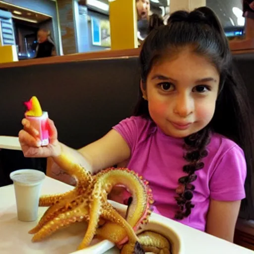 Prompt: rani rodriguez eating an octopus in macdonald's