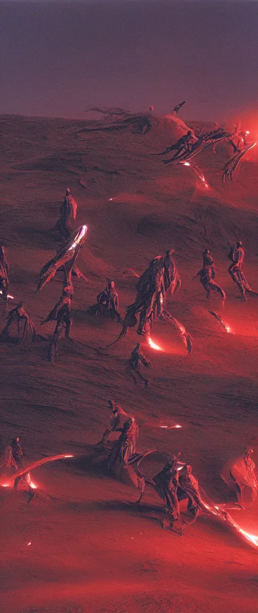 Prompt: the fremen attack the harkonnens on dune, explosions, mist, desert with red fluid dispersing, 3 5 mm, 8 k, hyperrealistic, volumetric lighting designed by moebius hr giger chris mullins bokeh