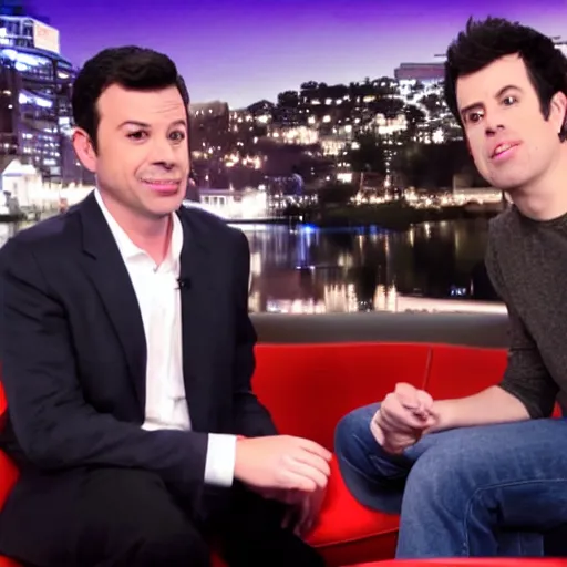 Image similar to Jimmy Kimmel interviewing Tobuscus, tv show, television, hyper realism, set photo, high resolution 8k, TMZ,