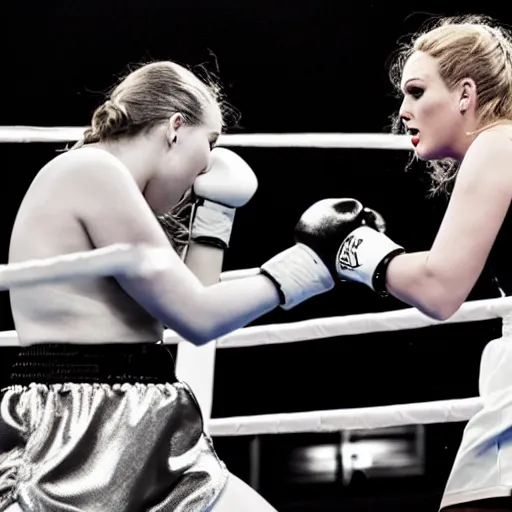 Prompt: Photograph of Adele and Taylor Swift in a boxing match, boxing Arena, bright lights, Sports photography,