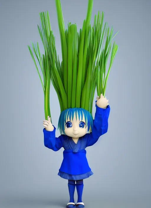 Image similar to 1992 japanese 3D render of a blue haired girl holding a leek. simple background