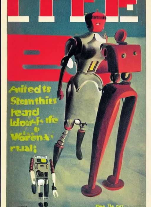 Image similar to a 1965 LIFE magazine cover, featuring a woman fighting a robot