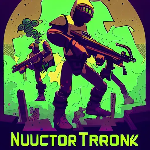 Prompt: nuclear throne artwork, artwork by moebius and dan mumford, smooth gradient colorings, black outlines