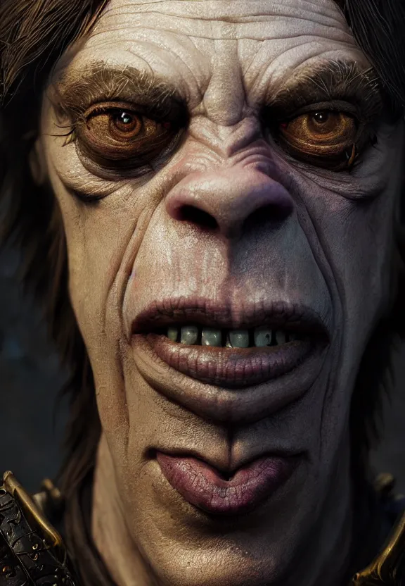 Image similar to highly detailed close up portrait of steve buscemi as a fantasy orc, in skyrim, stephen bliss, unreal engine, fantasy art by greg rutkowski, loish, rhads, ferdinand knab, makoto shinkai and lois van baarle, ilya kuvshinov, rossdraws, tom bagshaw, global illumination, radiant light, detailed and intricate environment