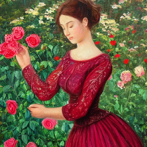 Prompt: a beautiful and intricate painting of a young woman standing in a garden, surrounded by roses. the woman has a gentle, kind expression on her face, and the overall effect is one of serenity and peace.