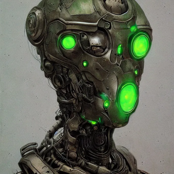 Prompt: portrait of a green ultron from age of ultron, clockwork steampunk, dieselpunk, head and chest only, by beksinski, 4 k, deviantart, trending on artstation