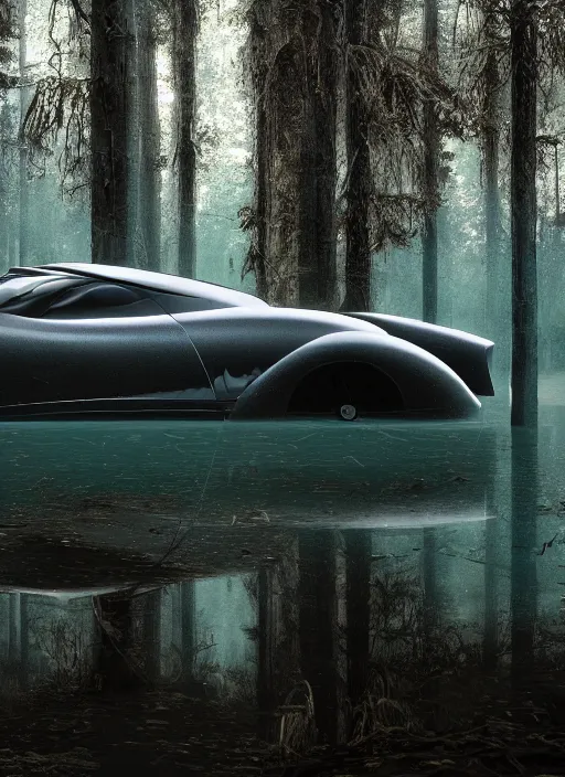 Image similar to an abandoned devil car on a ominous forest biome by pixar, smooth, cinematic, wet reflections, ray tracing x, rtx, smooth