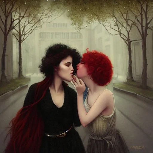 Image similar to two women kissing on the street, tom bagshaw style,