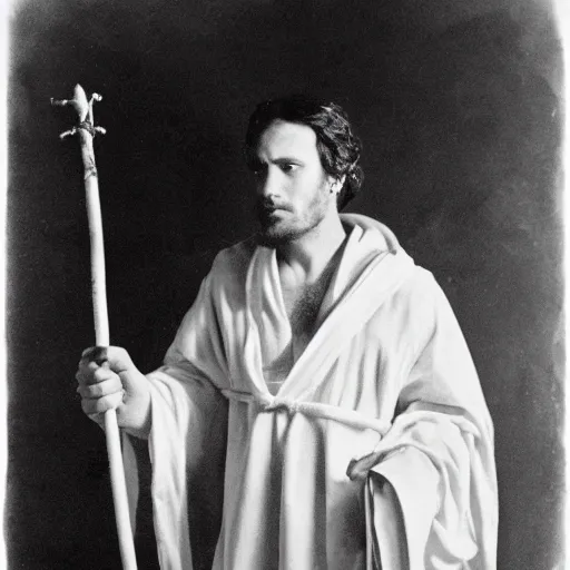 Image similar to professional close - up portrait of bohemian jewish prophet in his 2 0 s wearing a white hooded wizards robe and holding a staff. cinematic, epic framing, deep emotion