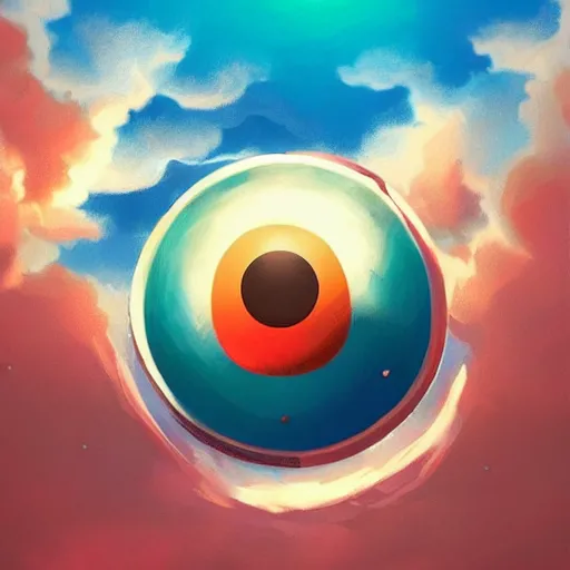 Image similar to a stunning wide angle view of a pokeball falling from a cliff into space, highly detailed clouds, artistic composition, sharp focus, intricate concept art, digital painting, colorful flat surreal design, hd, 8 k, artstation, ambient lighting