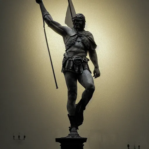 Prompt: a photorealistic marble statue of Mel Gibon’s William Wallace in a Scottish city a night, lit with dramatic lighting, using the golden circle ratio to frame the image correctly, 35mm wide shot, highly detailed