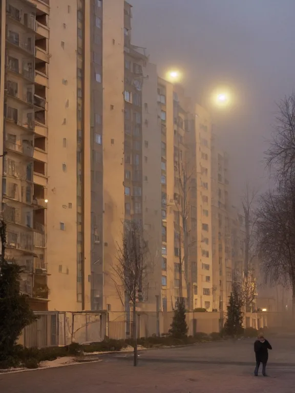 Image similar to film still of low russian residential building in suburbs, lights are on in the windows, deep night, post - soviet courtyard, cozy atmosphere, light fog, street lamps with orange light, several birches nearby, several elderly people stand at the entrance to the building