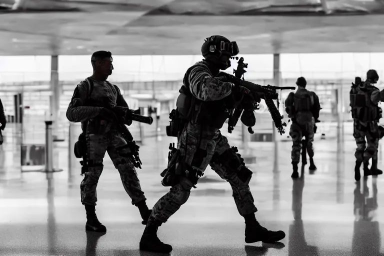 Image similar to Mercenary Special Forces soldiers in grey uniforms with black armored vest and black helmets fighting inside an airport in 2022, Canon EOS R3, f/1.4, ISO 200, 1/160s, 8K, RAW, unedited, symmetrical balance, in-frame, combat photography