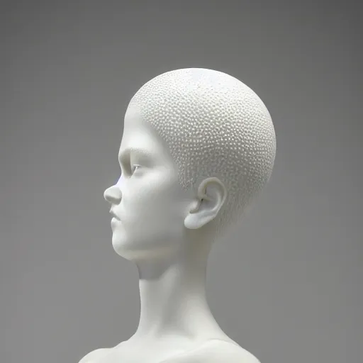 Prompt: female porcelain sculpture by daniel arsham and raoul marks, smooth, full head, all white features on a white background, detailed white 3 d giant poppies on the head