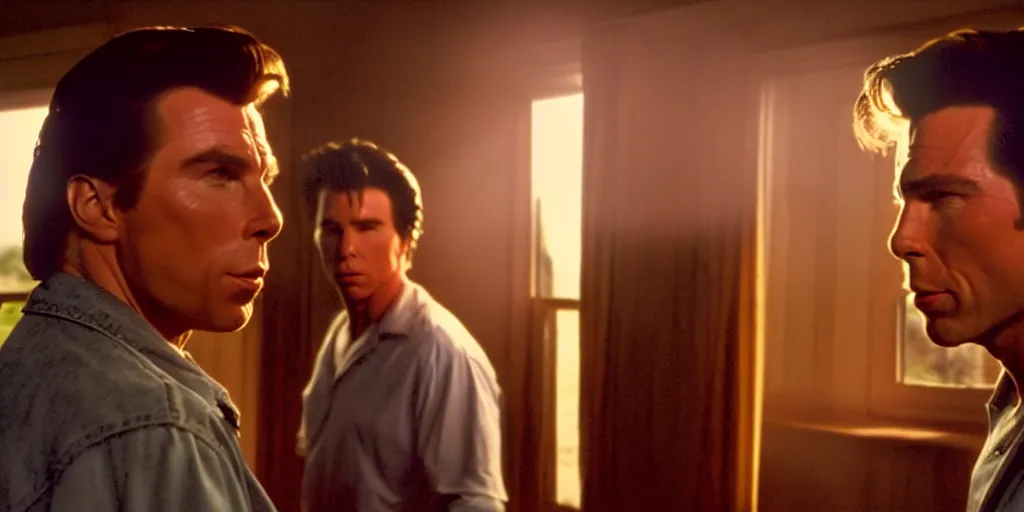 Prompt: the sunset's light beams through a window, timothy chalmette and john travolta as brothers, action pose, outside in a farm, medium close up shot, depth of field, sharp focus, waist up, movie scene, anamorphic, costume art direction style from the movie the outsiders