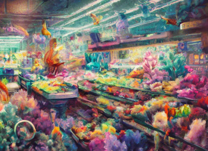 Image similar to clean impasto expressionist bright cheery placid pastel deep cozy moody cluttered painterly fluffy tiny cramped live pet store, aisles of aquariums, slanted ceiling, tiny space, particulate, trending on pixiv